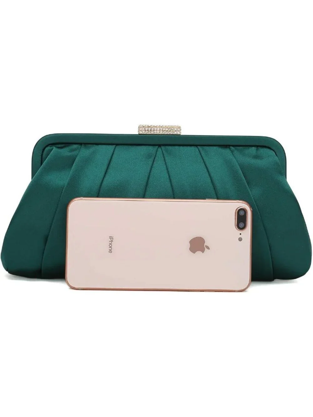 Women's Green Classic Pleated Satin Clutch Purse Diamante Formal Evening Bag